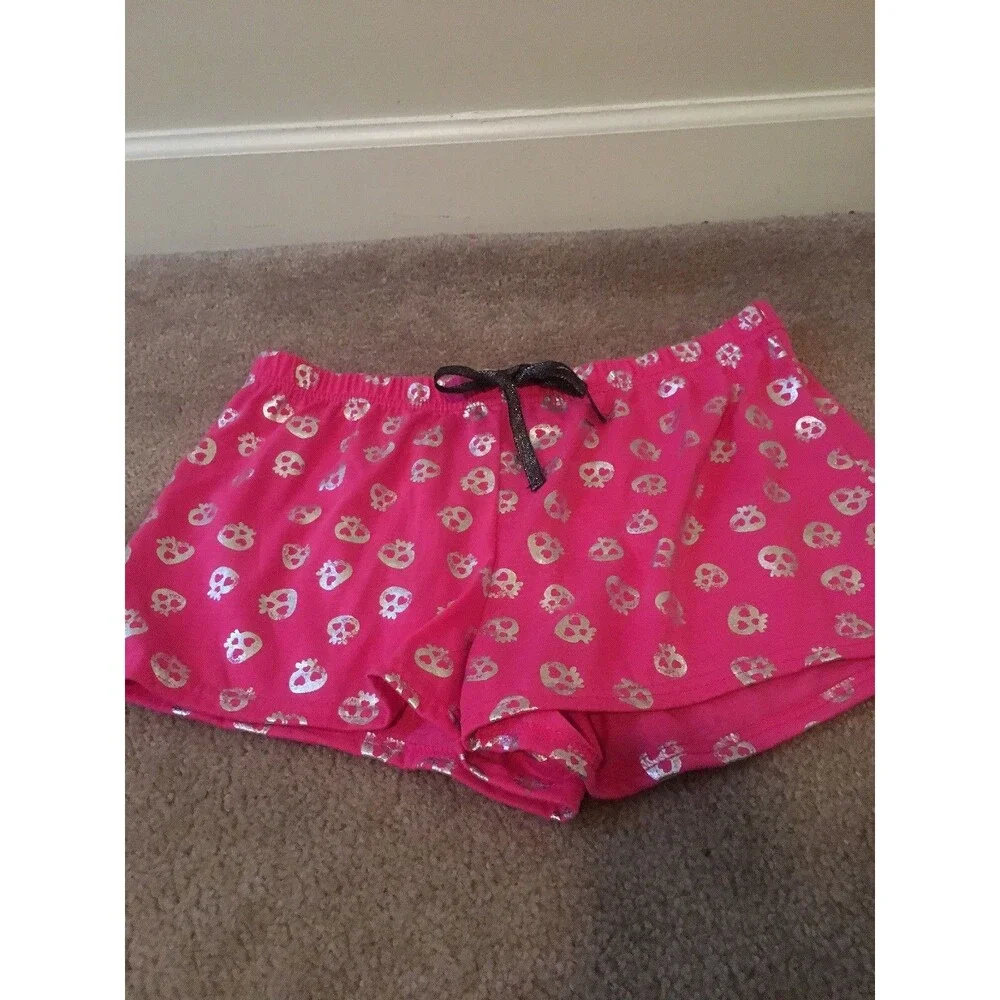 Justice Girls Pink Silver Skull Theme Pajamas Lounge Shorts Regular Fit Size 20